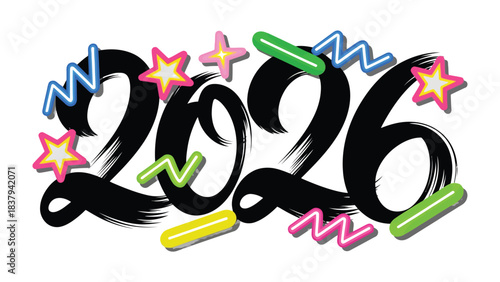 New Year 2026 Celebration: A vibrant, festive illustration spells out the year 2026, adorned with colorful stars and zigzag elements, embodying the joy and anticipation of new beginnings.