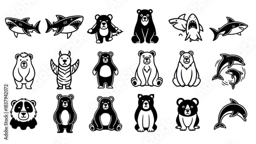 Black and white animal illustrations sharks bears dolphins and pandas