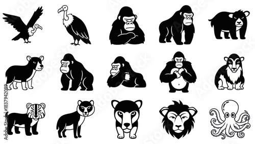 Black and white animal silhouettes set vulture gorilla bear and other wildlife