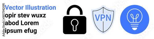 Cybersecurity, data protection, online security, innovation, encryption, secure communication. Lock icon, shield marked VPN and lightbulb. Cybersecurity and data protection