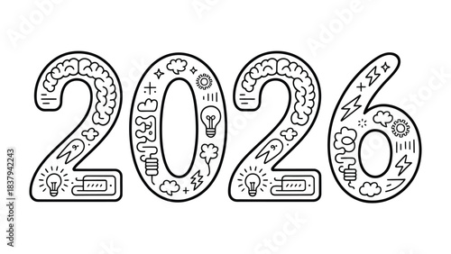 Vision of the Future: An illustration of the year 2026, creatively crafted with detailed line art, symbolizing innovation, ideas, and technological advancement.