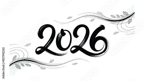 New Year 2026 Typography: A calligraphic design of 2026 elegantly swirls with floral motifs, representing the start of a fresh, flourishing chapter.