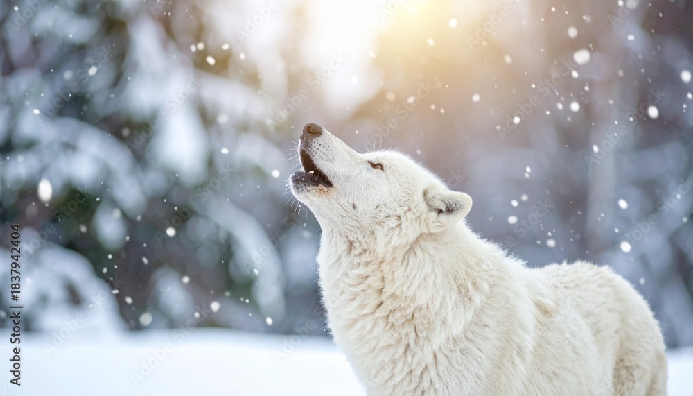 Fototapeta premium Single wild white polar wolf howling on winter snowy forest background.
