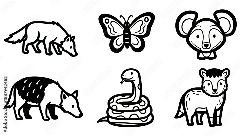 Obraz premium Black and white animal illustrations fox butterfly mouse snake and deer