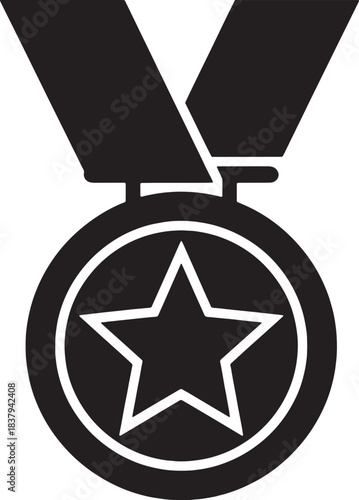 Black and white icon of a medal with a star Keywords: medal, award, winner, champion, success