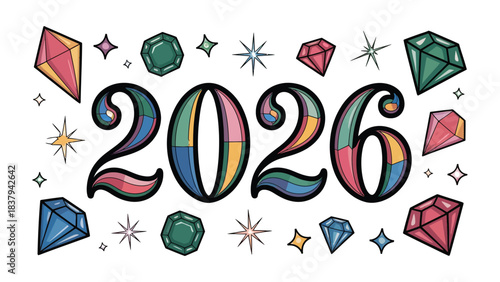 2026: A visual expression of the upcoming year, adorned with sparkling jewels and celestial stars, symbolizing brilliance, prosperity, and the unfolding of a new chapter.