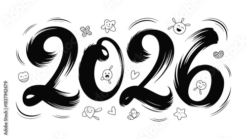 A Bold Stroke of the Future: An artistic rendering of the year 2026, where the calligraphic strokes dance with optimism and playful elements, capturing the spirit of anticipation and forward-thinking.
