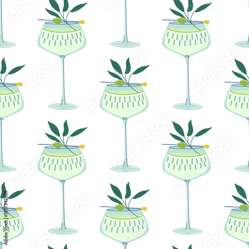 Elegant glass of alcohol drink with olive background. Dry Martini Cocktail seamless pattern. Simple ornament for restaurant menu, party, event. Flat design hand drawn illustration.