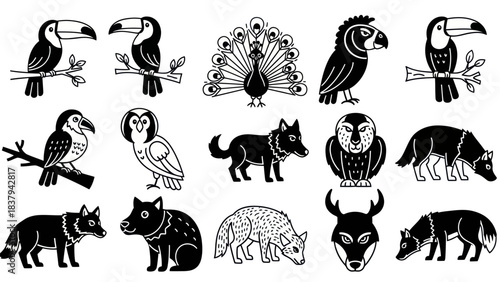 Black and white animal illustrations of birds and mammals for design