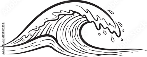 Black and white illustration of a breaking ocean wave