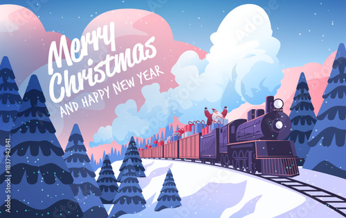 Santa Christmas train winter landscape snowy pine trees festive gifts steam locomotive mountains blue pink sky holiday celebration