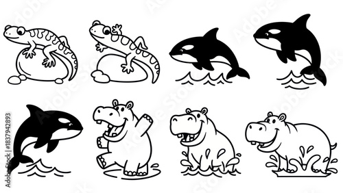 Black and white animal illustrations gecko orca hippo ocean creatures