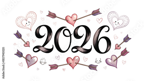Love's Countdown: The year 2026 is beautifully depicted amidst an array of charming hearts pierced by arrows, representing anticipation and affection. Capturing the spirit of time, love.
