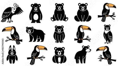 Black and white animal illustrations bears toucans and birds on a white background