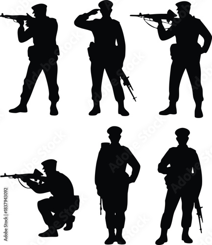 Soldier or Military Silhouettes Vector Set, Various Soldier Poses Silhouettes with Rifles, Military Personnel Figures Collection, Saluting and Aiming Soldier Vector Set, Black and White Army .