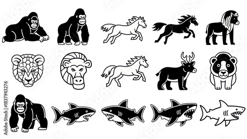 Black and white animal illustrations gorilla horse lion shark vector set