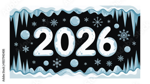 2026 Winter design: The number 2026 is displayed prominently amidst a snowy, winter-themed design. The design includes snowflakes, ice formations, and a frosty aesthetic.