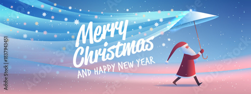 Santa Merry Christmas New Year 2026 celebration festive scene with Santa holding umbrella snowy landscape colorful stars winter background banner