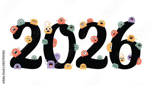 New Year of Fun: playful cartoon monsters embrace the New Year 2026. This whimsical illustration is perfect for new year greetings and fun events.