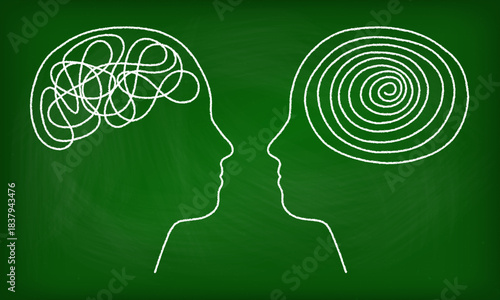 Mental health concept showing tangled brain lines transforming into order. Stress therapy illustration with chaotic scribbles becoming untangled through mentorship and psychological support.