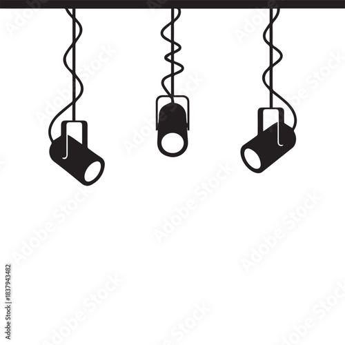 Hanging stage spotlights silhouette vector. Three black studio ceiling lamps or theater lights illustration isolated on white background. Industrial interior lighting fixture design.
