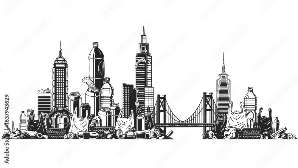 Obraz premium City skyline illustration with garbage and litter in urban environment 