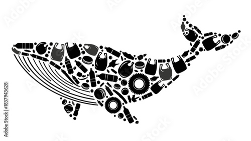 Whale silhouette made of various abstract shapes in black color  