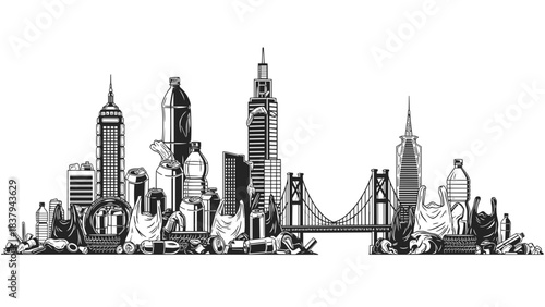 City skyline illustration with garbage and litter in urban environment  