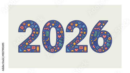 Numeric Design of Year 2026: The year 2026 is displayed with playful numbers composed of varied pattern, celebrating a milestone in time.