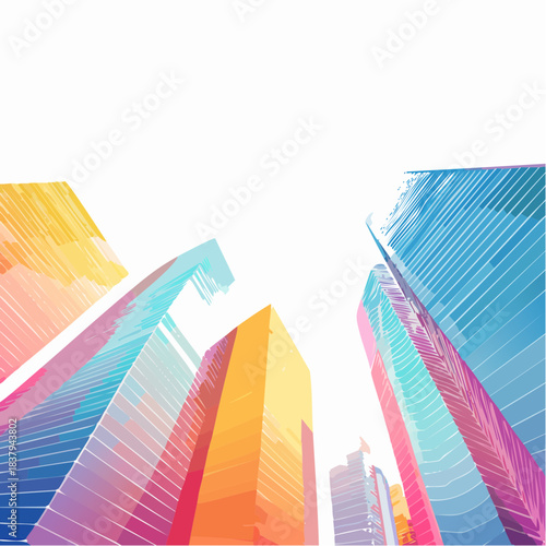 Vibrant abstract city skyline with modern skyscrapers, a dynamic architectural landscape rendered in a colorful artistic style, symbolizing urban growth and contemporary design