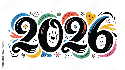 Optimistic 2026: A vibrant and colorful depiction of the year 2026, filled with playful characters and bright designs, heralding a future full of joy and possibility. 