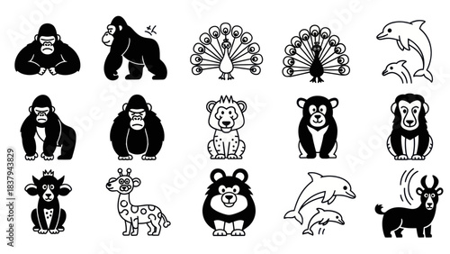 Black and white animal illustrations gorilla peacock dolphin and more