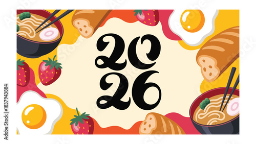 Food Composition: A vibrant banner showcases a delightful assortment of culinary elements. Ramen, bread, eggs, and strawberries are artfully arranged in a beautiful composition.