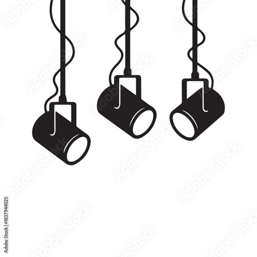 Hanging stage spotlights silhouette vector. Three black studio ceiling lamps or theater lights illustration isolated on white background. Industrial interior lighting fixture design.
