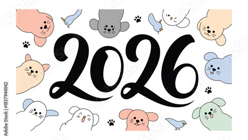2026: Delightful cartoon dogs and avian friends adorn the scene, playfully anticipating the year 2026. A joyful design with cheerful illustrations.