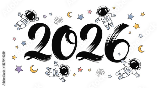 Cosmic 2026: An illustration showcases a group of astronauts orbiting with space-themed elements around the year 2026, igniting a sense of wonder and the possibilities of the future.