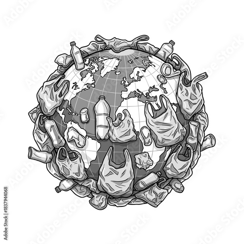 Illustration of Earth surrounded by plastic waste and bags  
