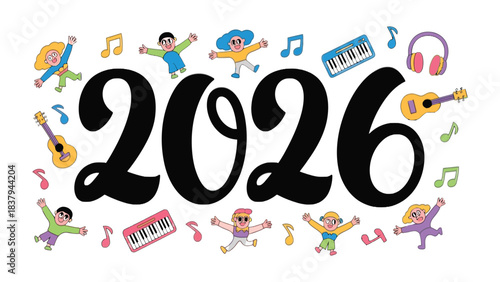 2026 Celebration: A vibrant and joyful illustration showcasing the year 2026 amidst lively elements of music and dancing children, ideal for a New Year's or celebratory theme.