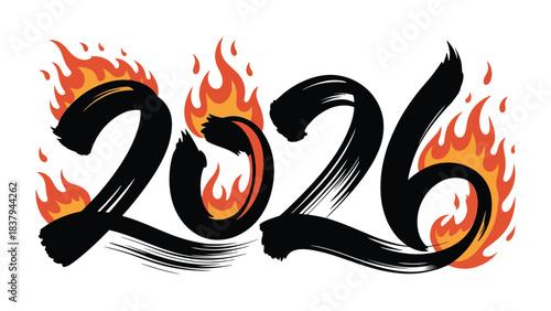 Fiery 2026: A bold, stylized depiction of the year 2026 is ablaze with flames, symbolizing intense energy and transformation, it's perfect for conveying a sense of anticipation and forward motion. 