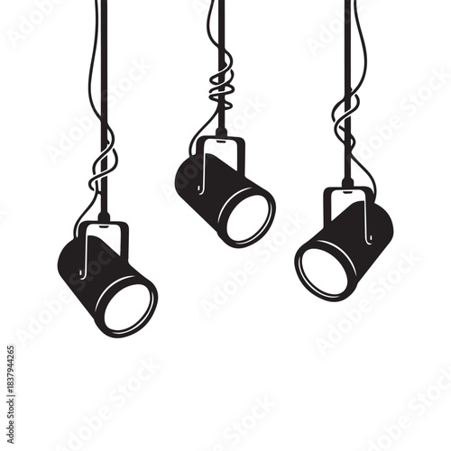 Hanging stage spotlights silhouette vector. Three black studio ceiling lamps or theater lights illustration isolated on white background. Industrial interior lighting fixture design.
