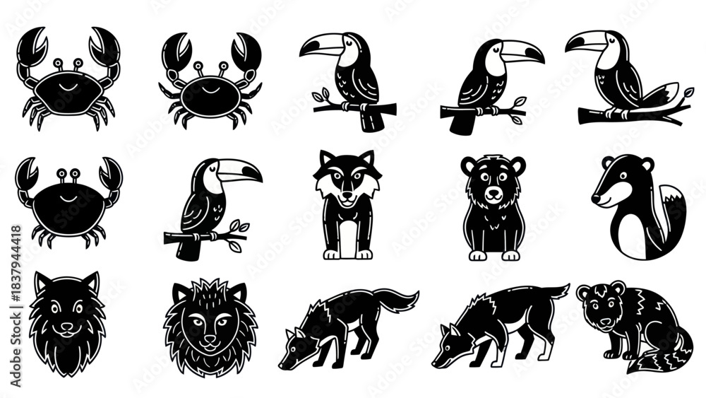 Obraz premium Black and white animal illustrations crab toucan wolf bear silhouette vector set