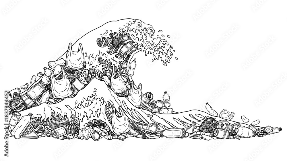 Obraz premium Illustration of a wave made of plastic waste and litter 