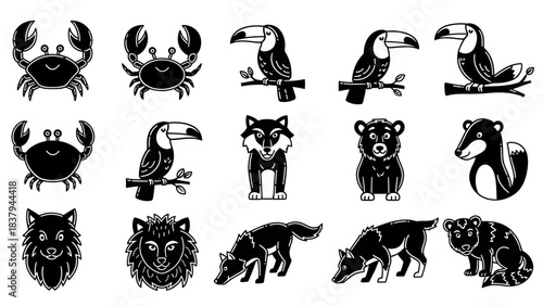 Black and white animal illustrations crab toucan wolf bear silhouette vector set