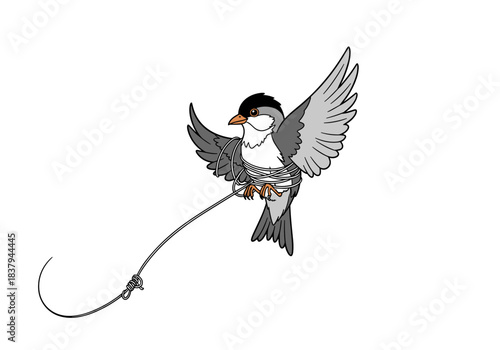 Illustration of a bird caught in flight on a rope