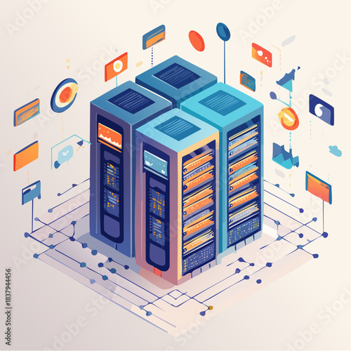 Isometric illustration of a sophisticated data center server cluster and interconnected network infrastructure, representing cloud computing, big data, and digital transformation