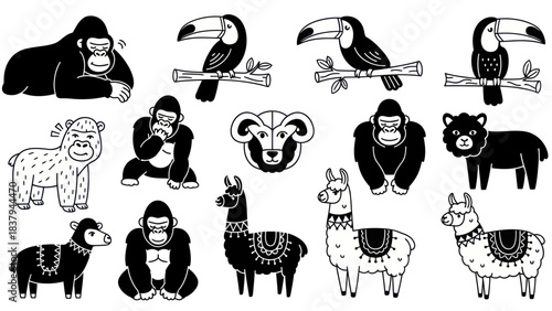 Black and white animal illustrations of gorillas toucans rams and llamas