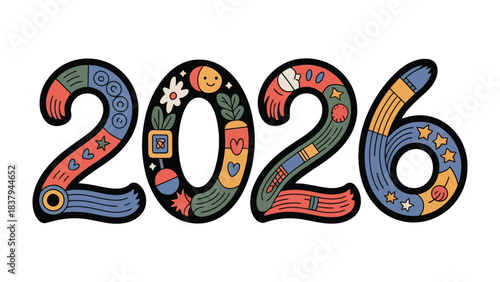 2026: A Colorful Journey to the Future: The image showcases the year 2026, creatively designed with artistic flair and featuring various whimsical elements.