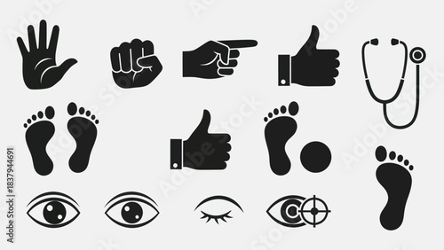 Black and white vector icons of hands feet eyes and medical tools