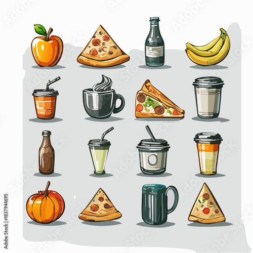 A vibrant collection of delicious food and drink icons, perfect for culinary inspiration and design projects