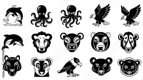 Black and white animal illustrations dolphin octopus eagle bear and more
